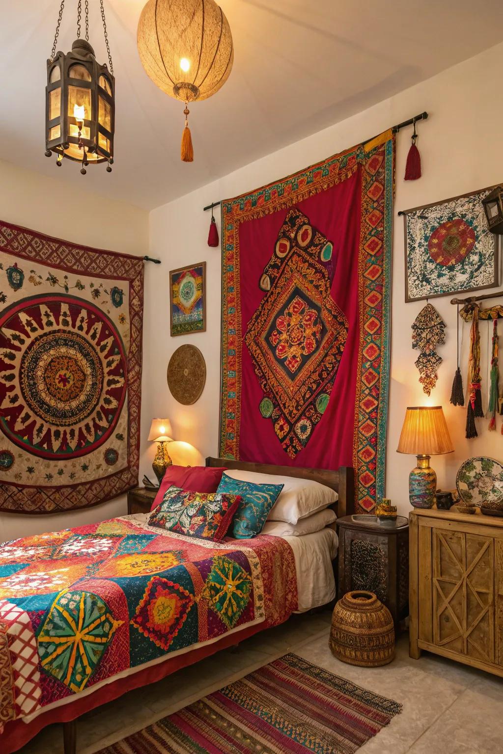 Cultural inspirations enrich the design of this bedroom.