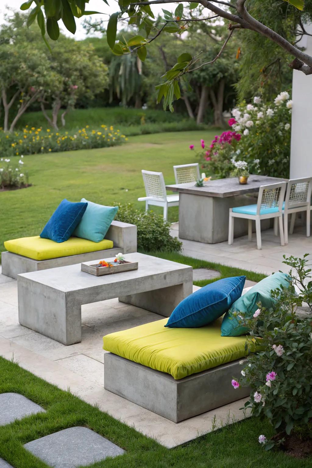 Concrete furniture provides a modern seating option.