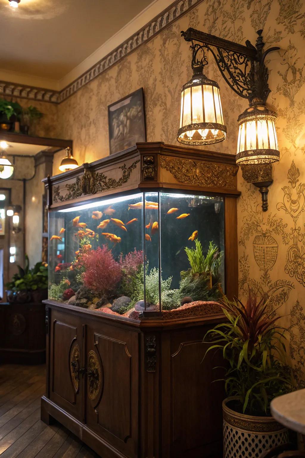 Vintage elements add charm and character to your fish tank.