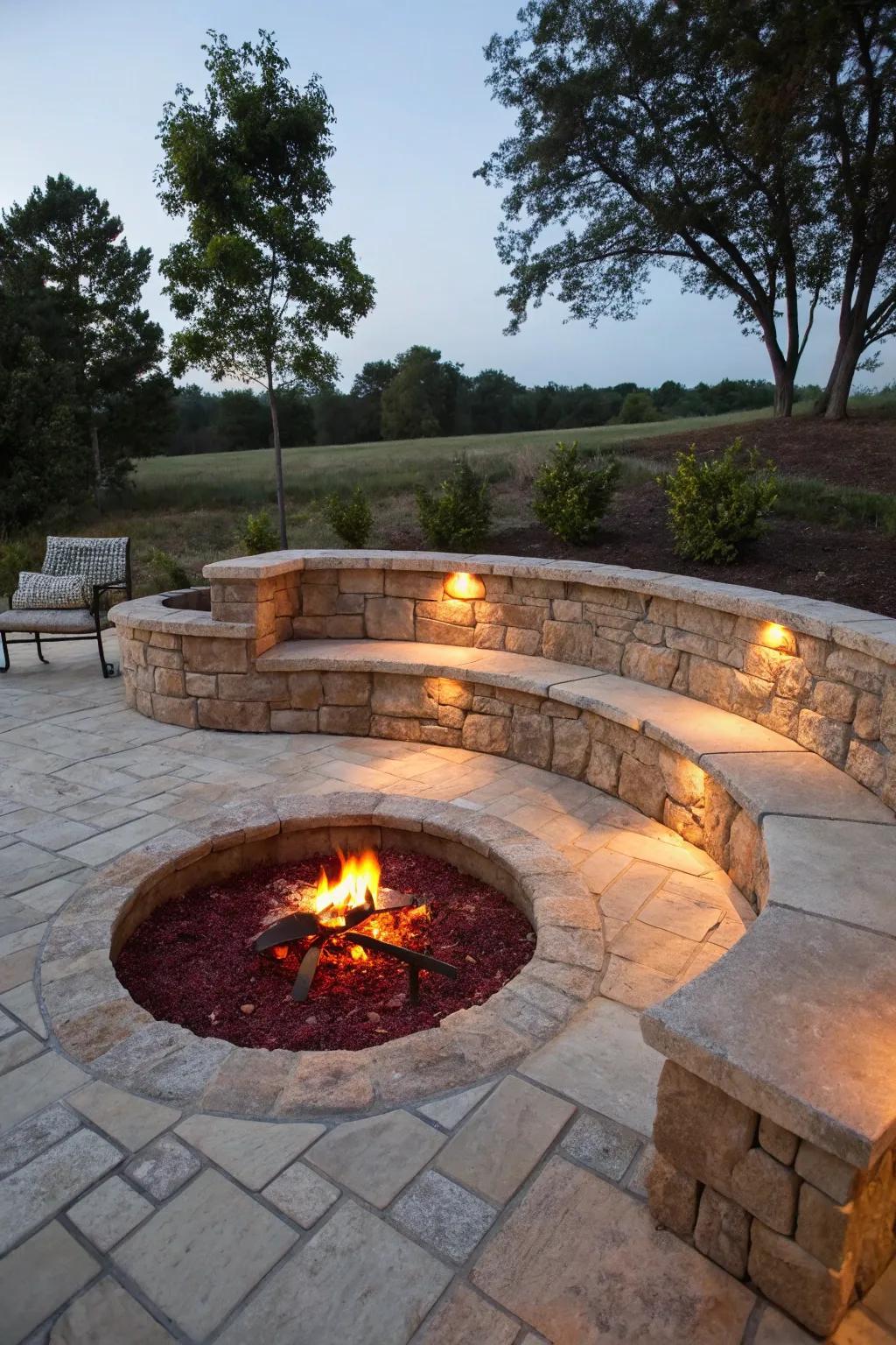 A sunken fire pit provides a safe and intimate area for gatherings.