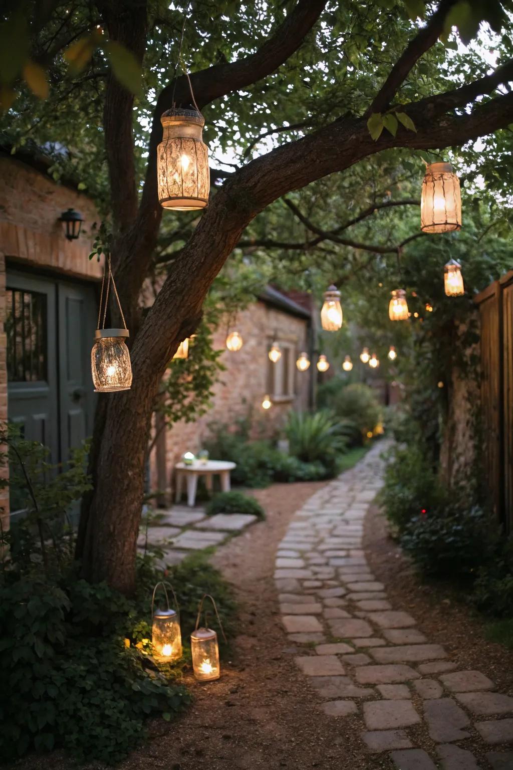 DIY Mason jar lanterns add a personal touch to the courtyard.