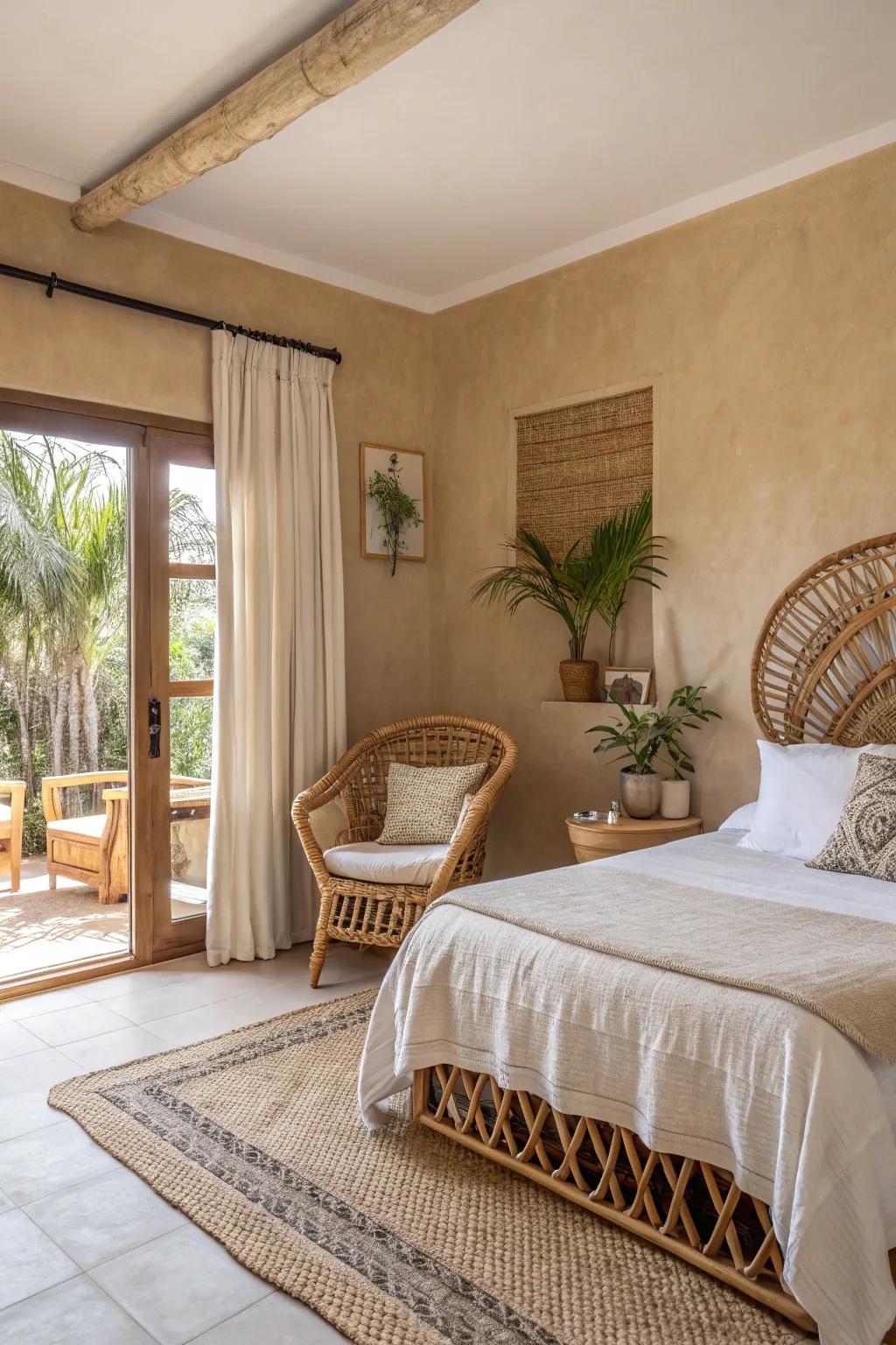 A bedroom featuring rattan furniture for an airy and cohesive design.