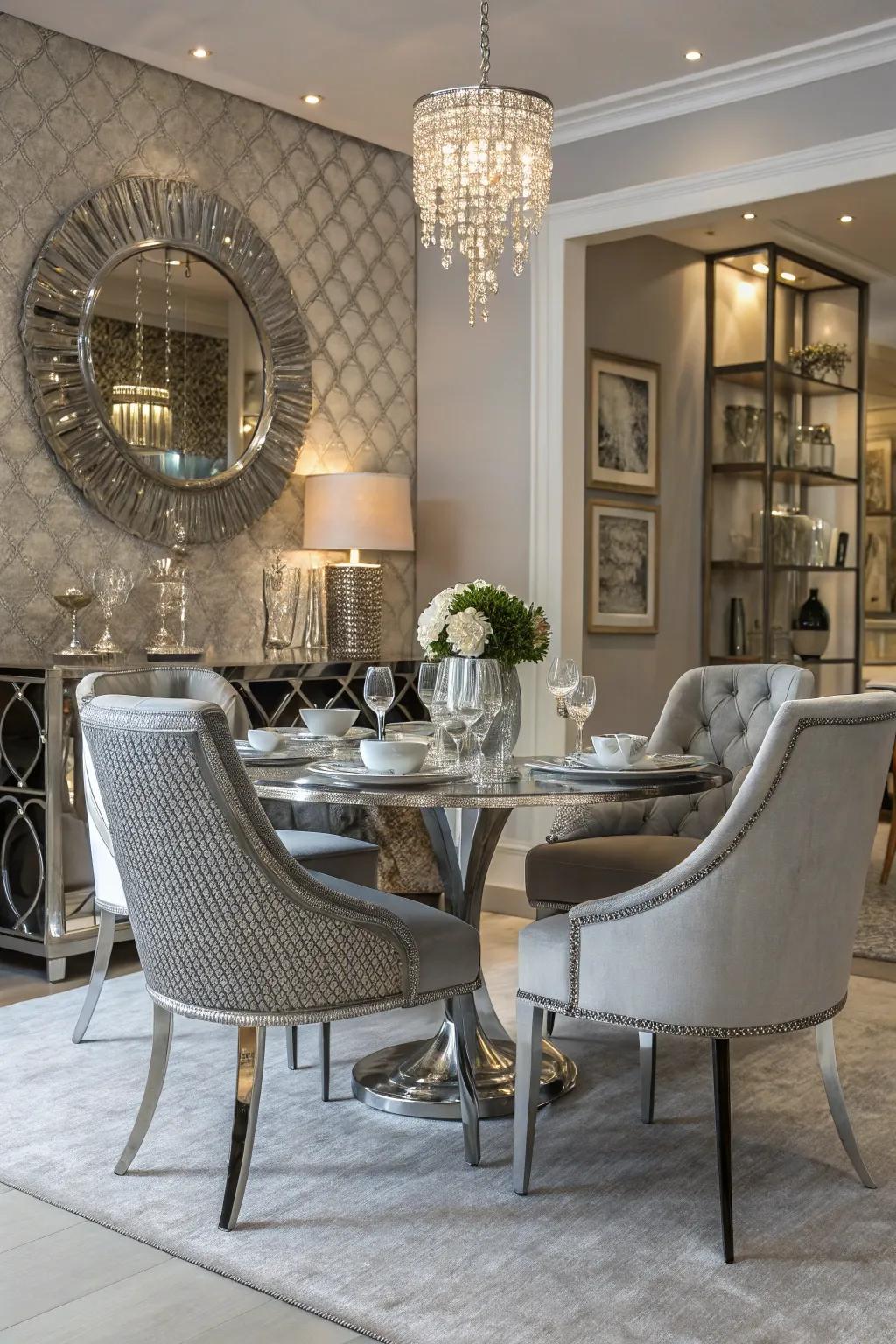 A sleek dining room enhanced by the sophistication of silver.