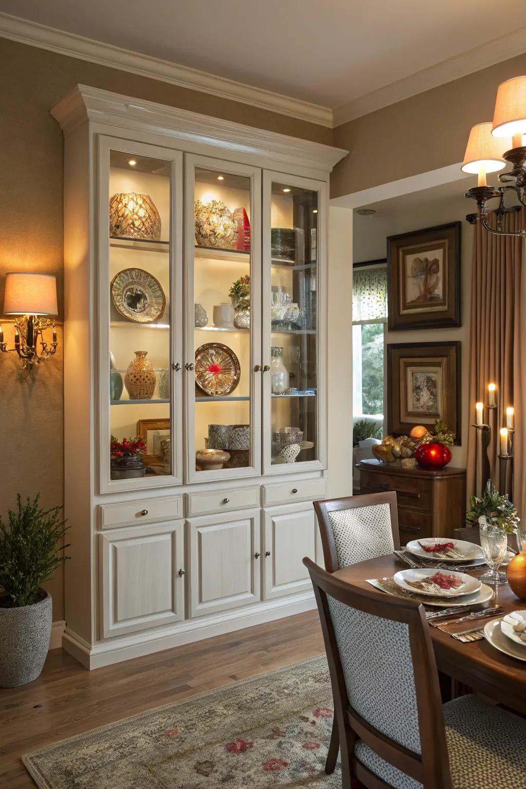 A display cabinet serves as both storage and stylish decor in the dining room.