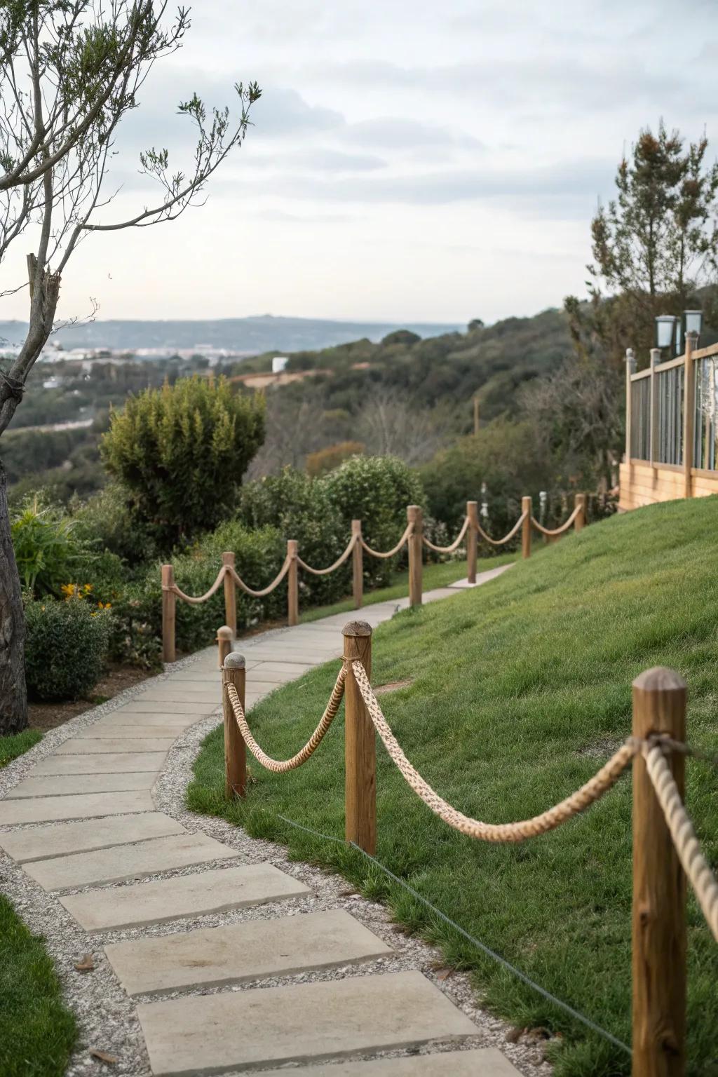 Rope railings offer safety and charm on sloped pathways.