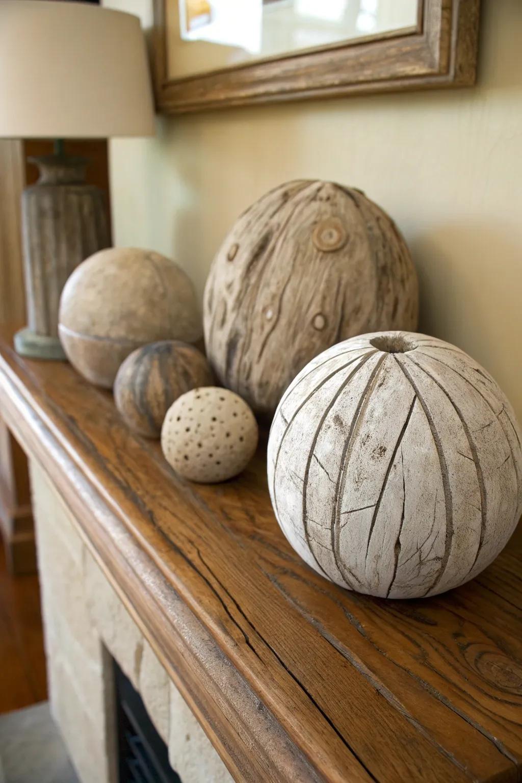 Driftwood orbs offer a unique decorative element.