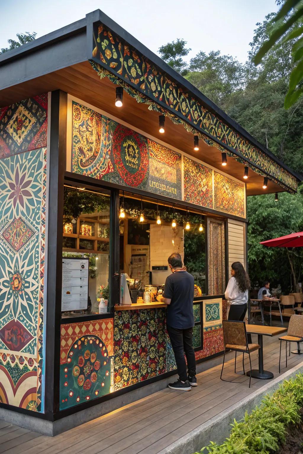 Drive-thru coffee shop featuring cultural influences in its design.