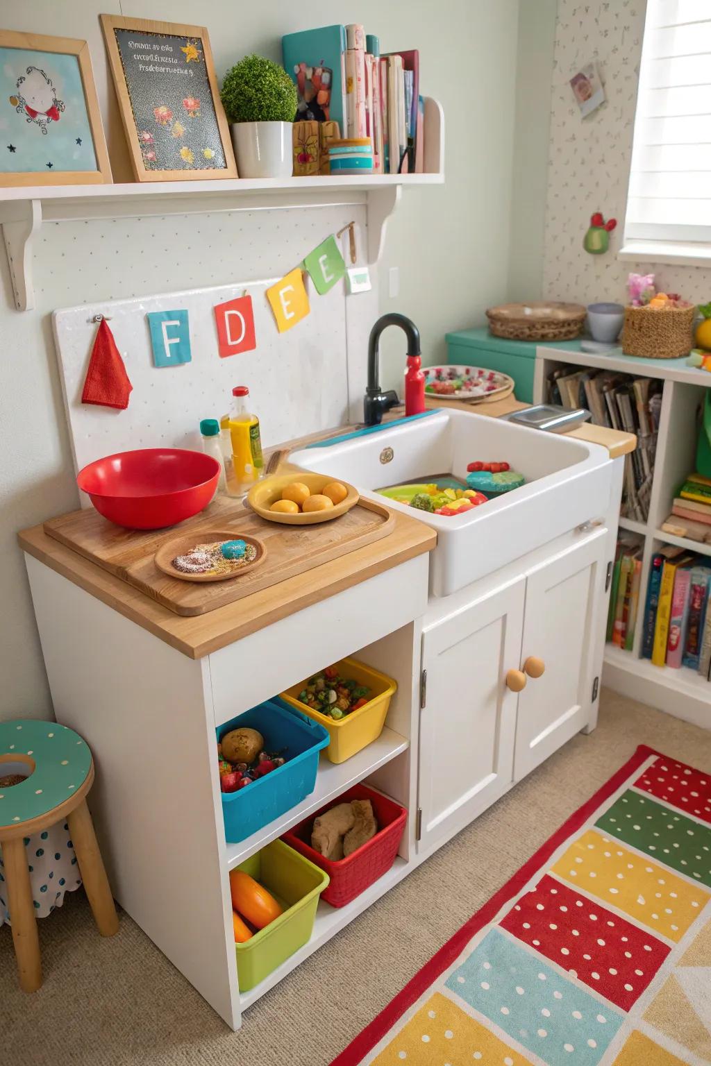 A children's play kitchen created from a repurposed dry sink.