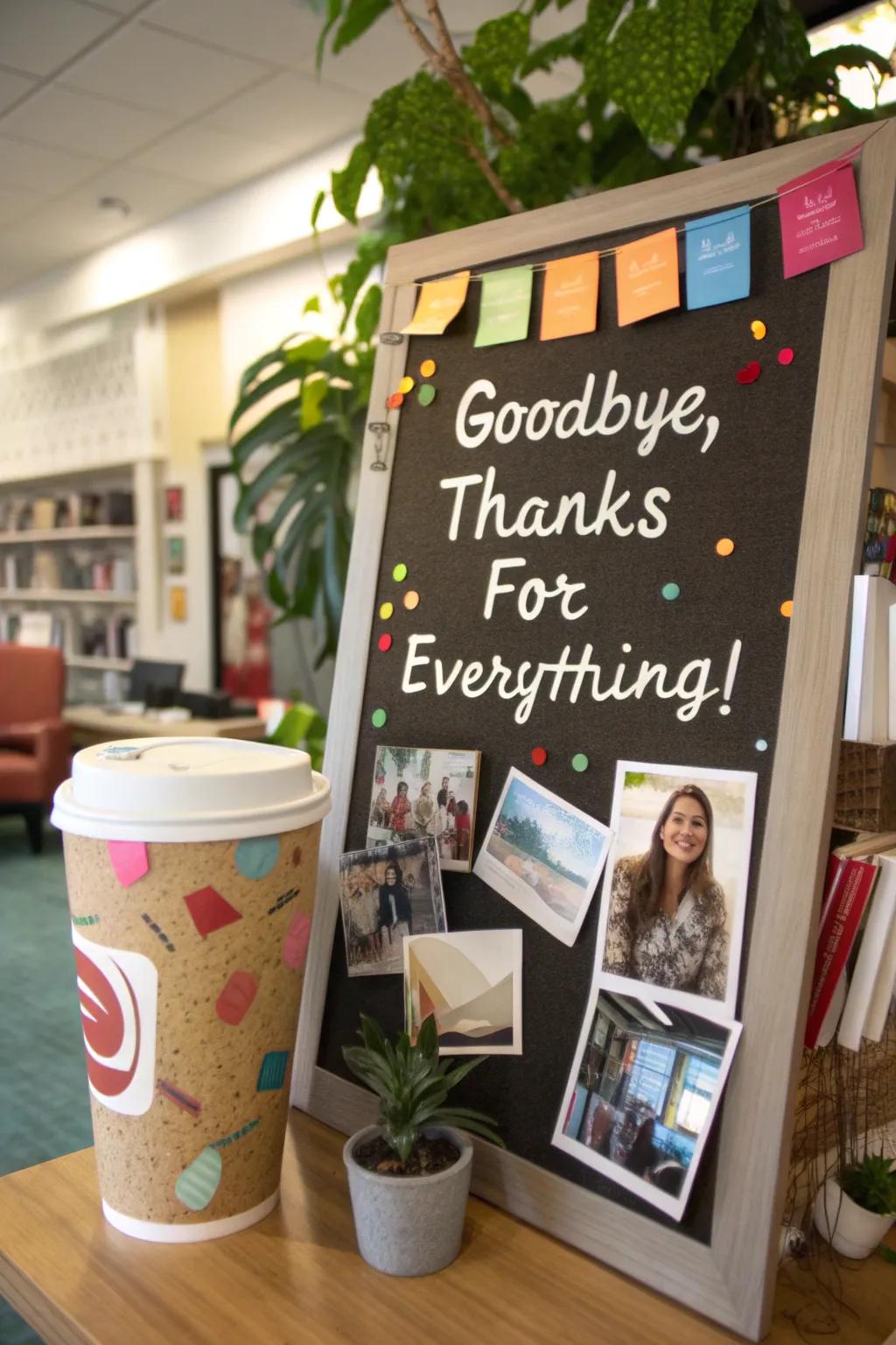 A coffee-themed board offering a playful farewell.