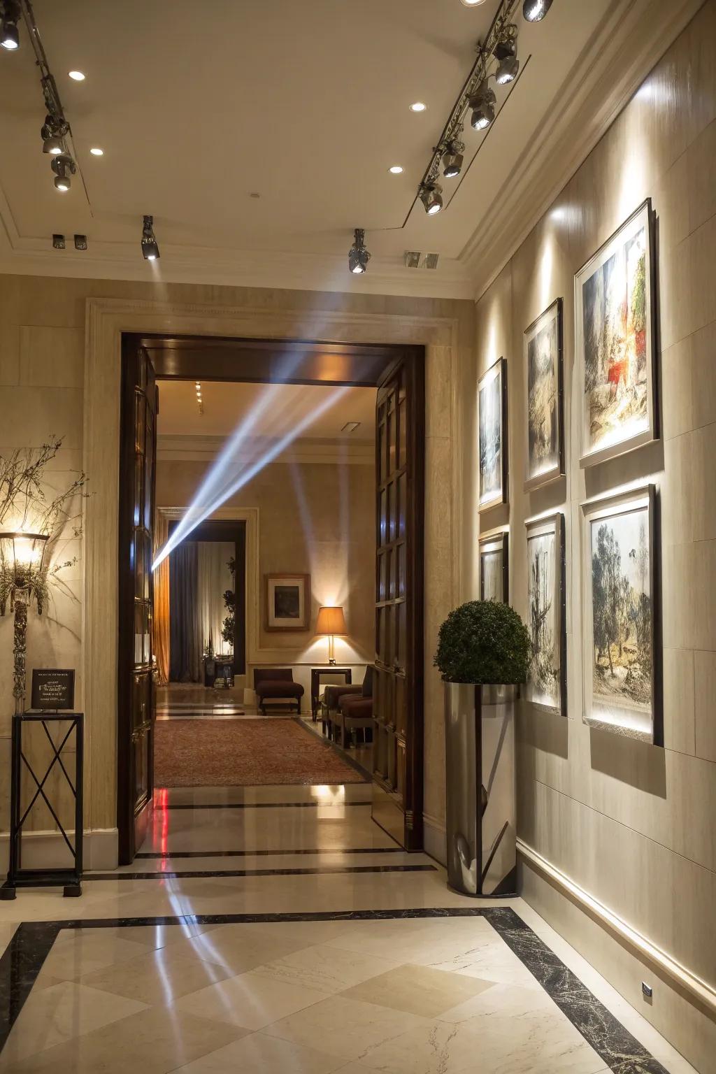 An entryway with spotlights highlighting artwork for a dynamic and elegant touch.