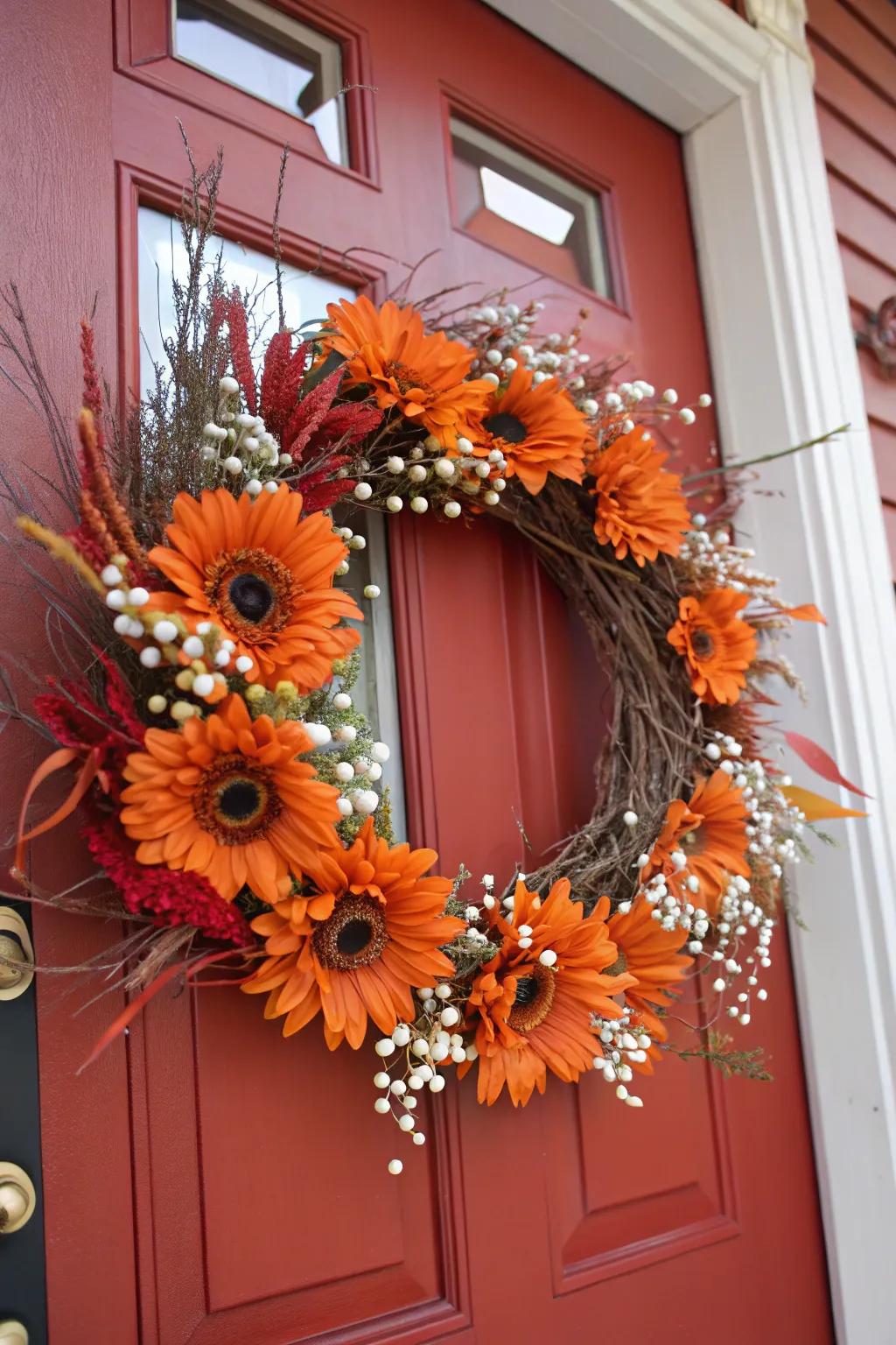 Orange sunflowers make a bold and inviting fall wreath.