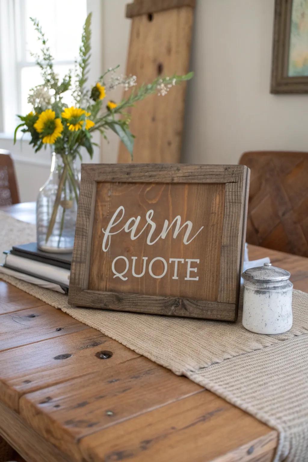 A wooden sign with a farm quote adds warmth and personality.