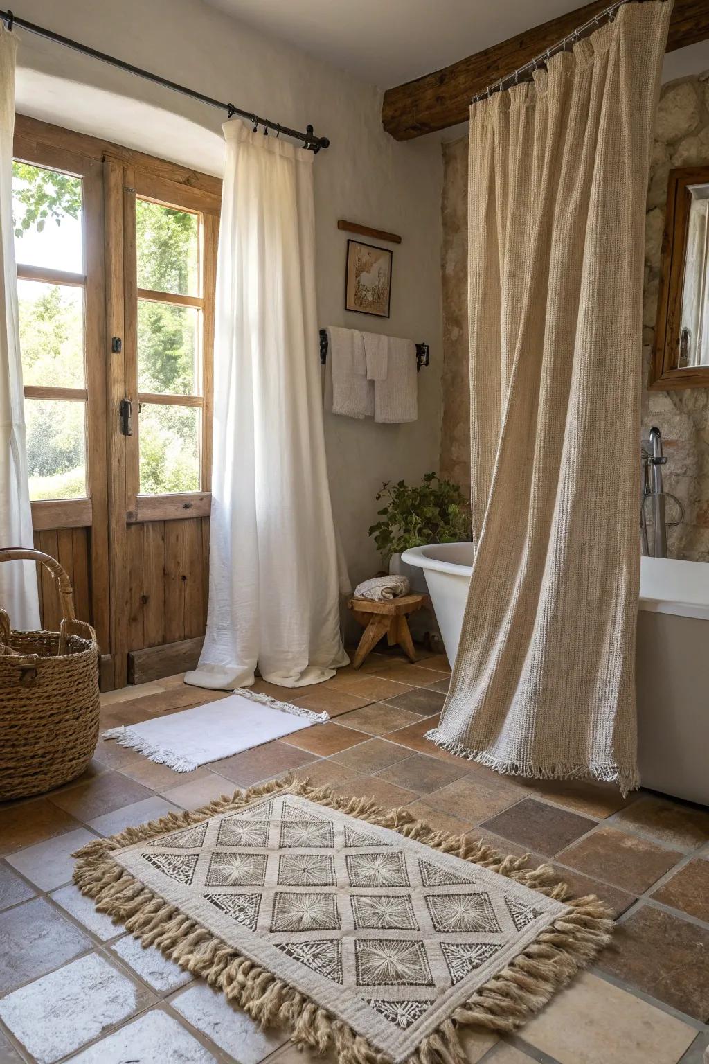 Textured textiles enhance the cozy feel of a farmhouse bathroom.