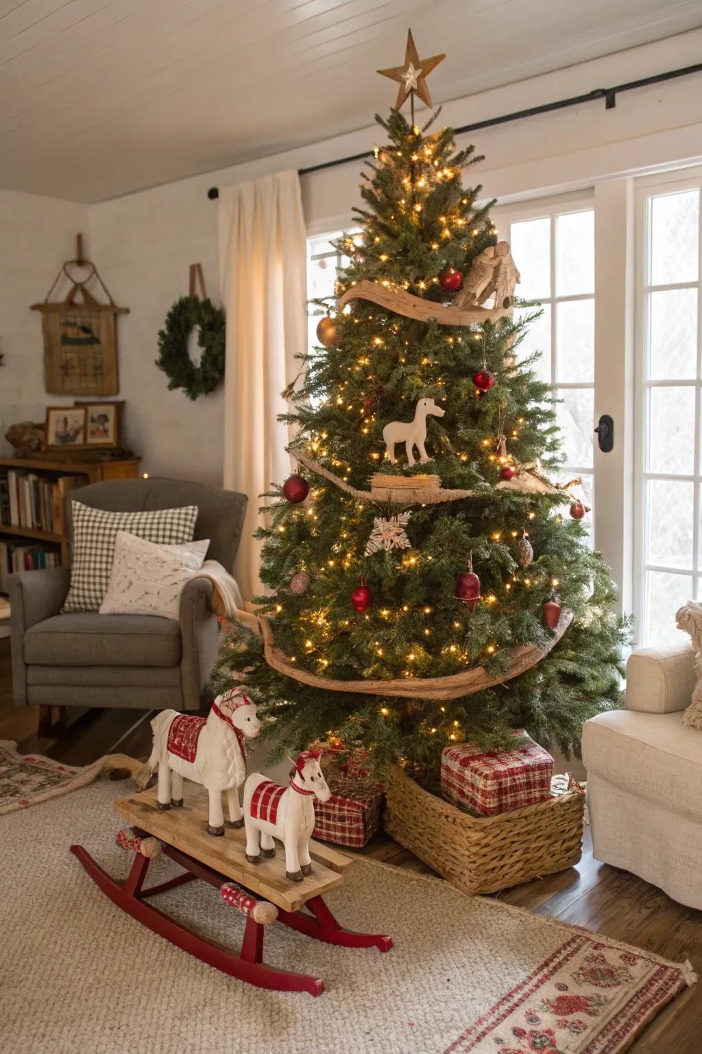 Whimsical elements add joy and creativity to this charming tree.