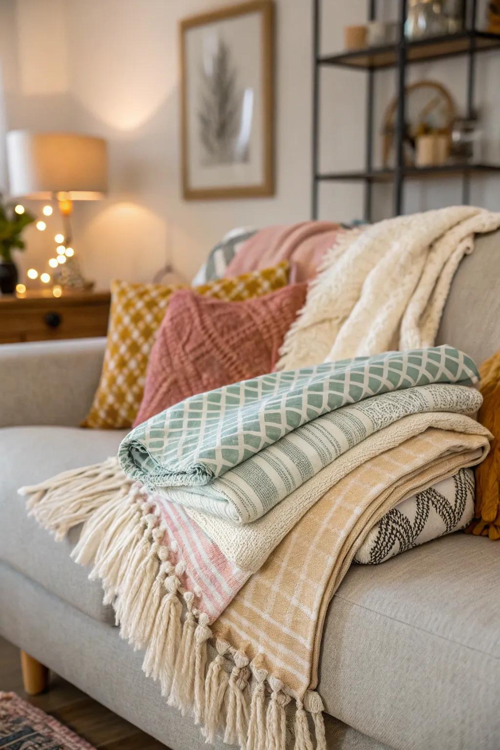 A cozy sofa layered with various throws and blankets.