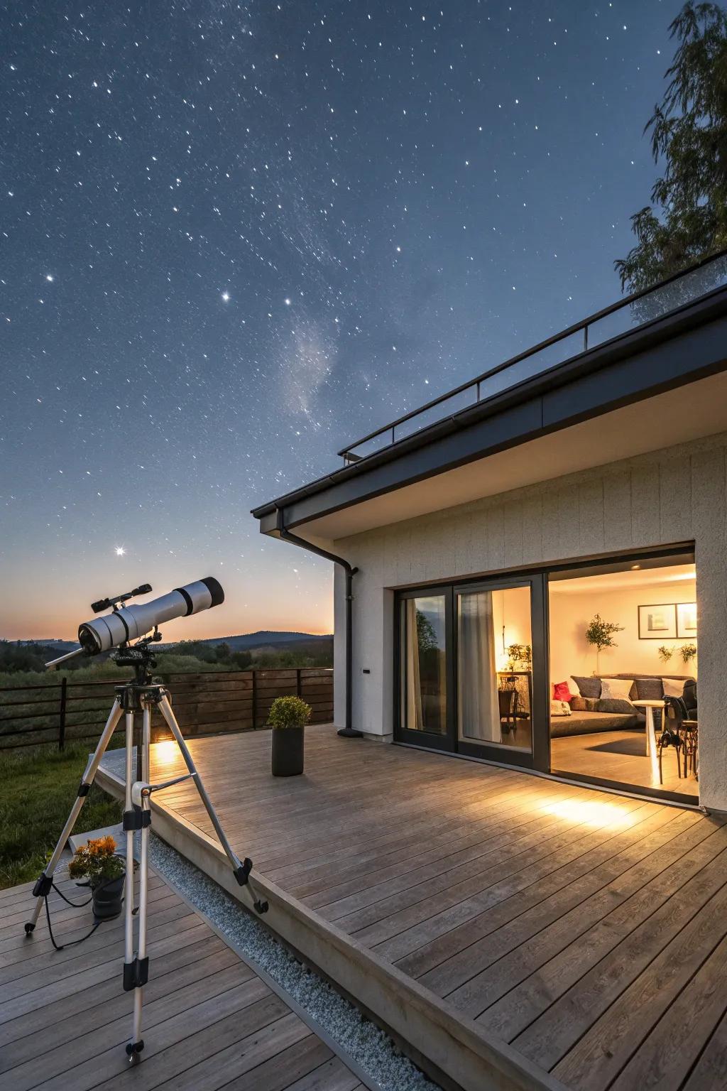 A rooftop stargazing deck on a flat roof garage offers a celestial escape.