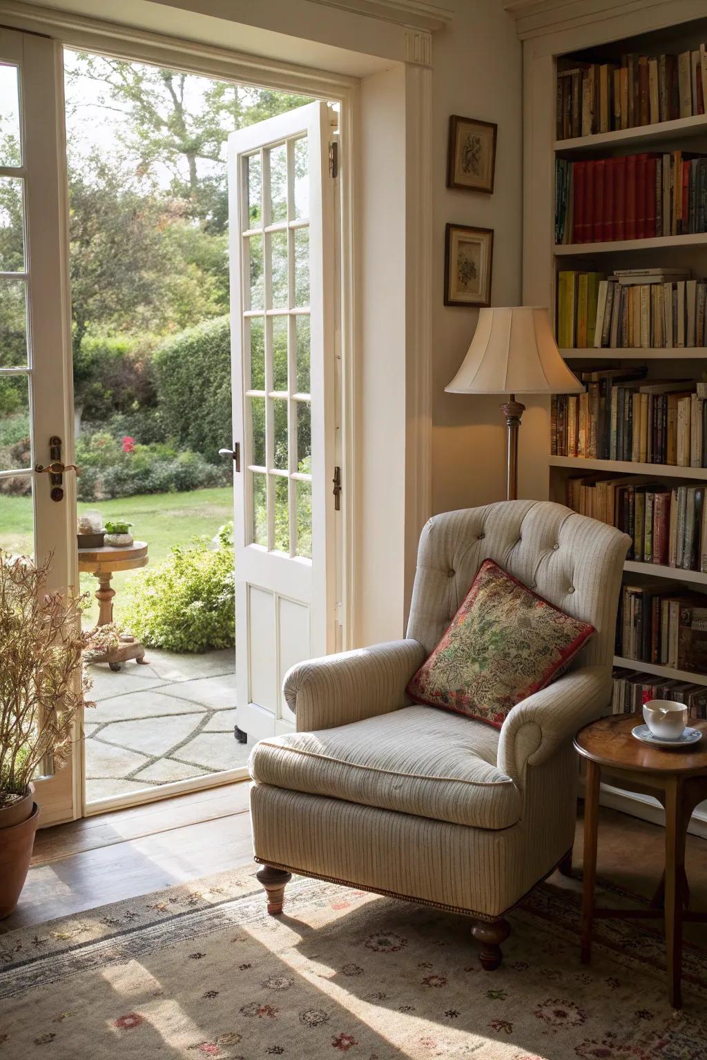 A cozy nook by the French doors for reading.