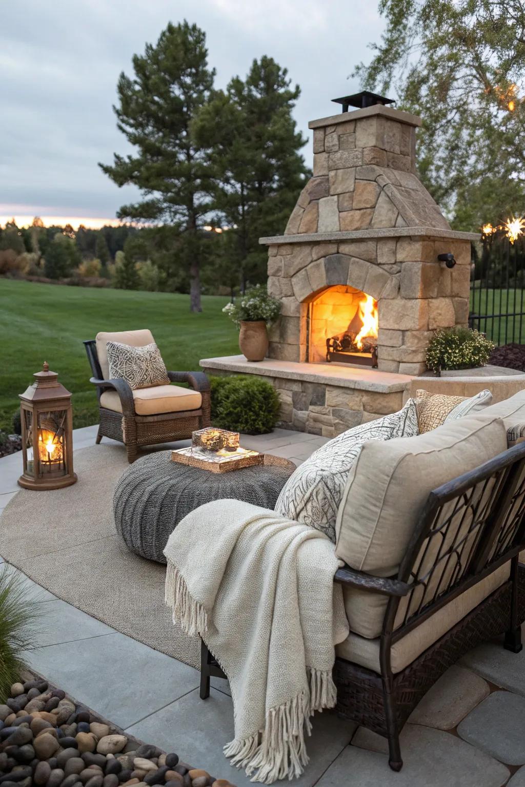 Warm up the night with a cozy outdoor fireplace.