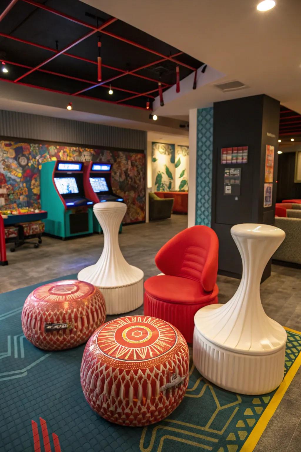 Artistic sculptural seats add a bold design element to your game room.