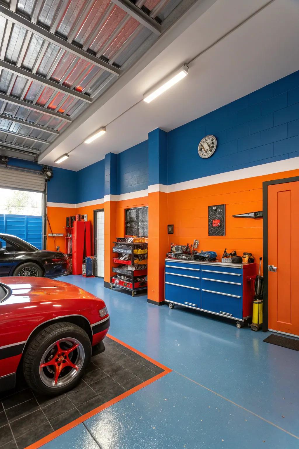 Bold color schemes make the garage visually striking and energetic.