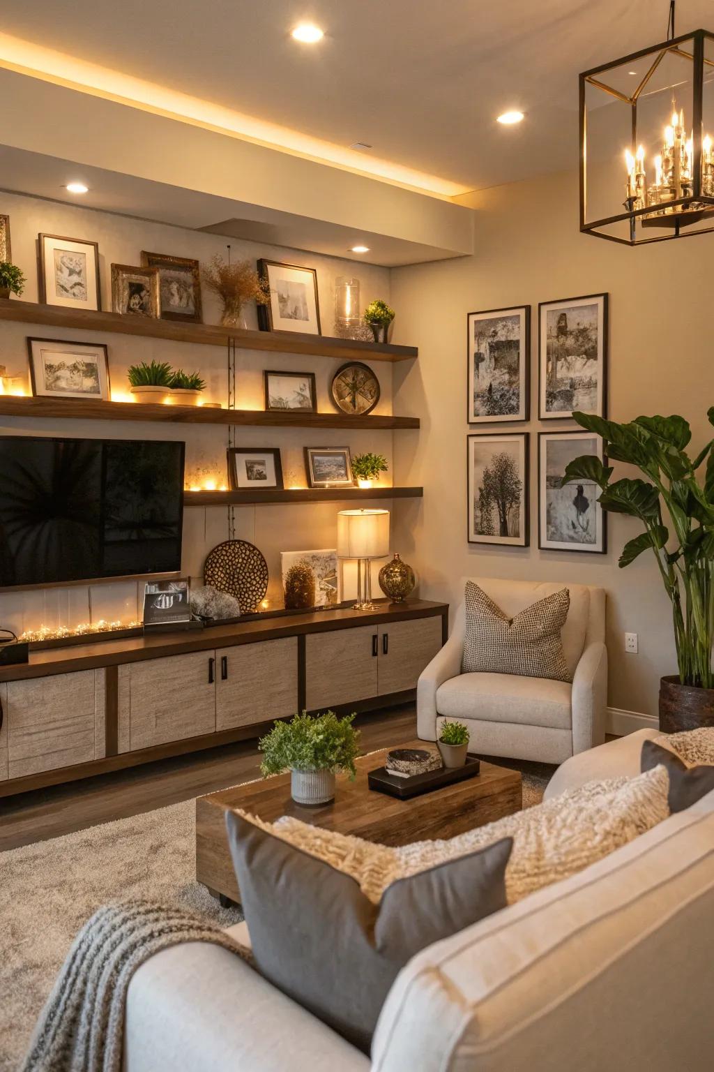 A stylish living room with personalized displays adding charm.