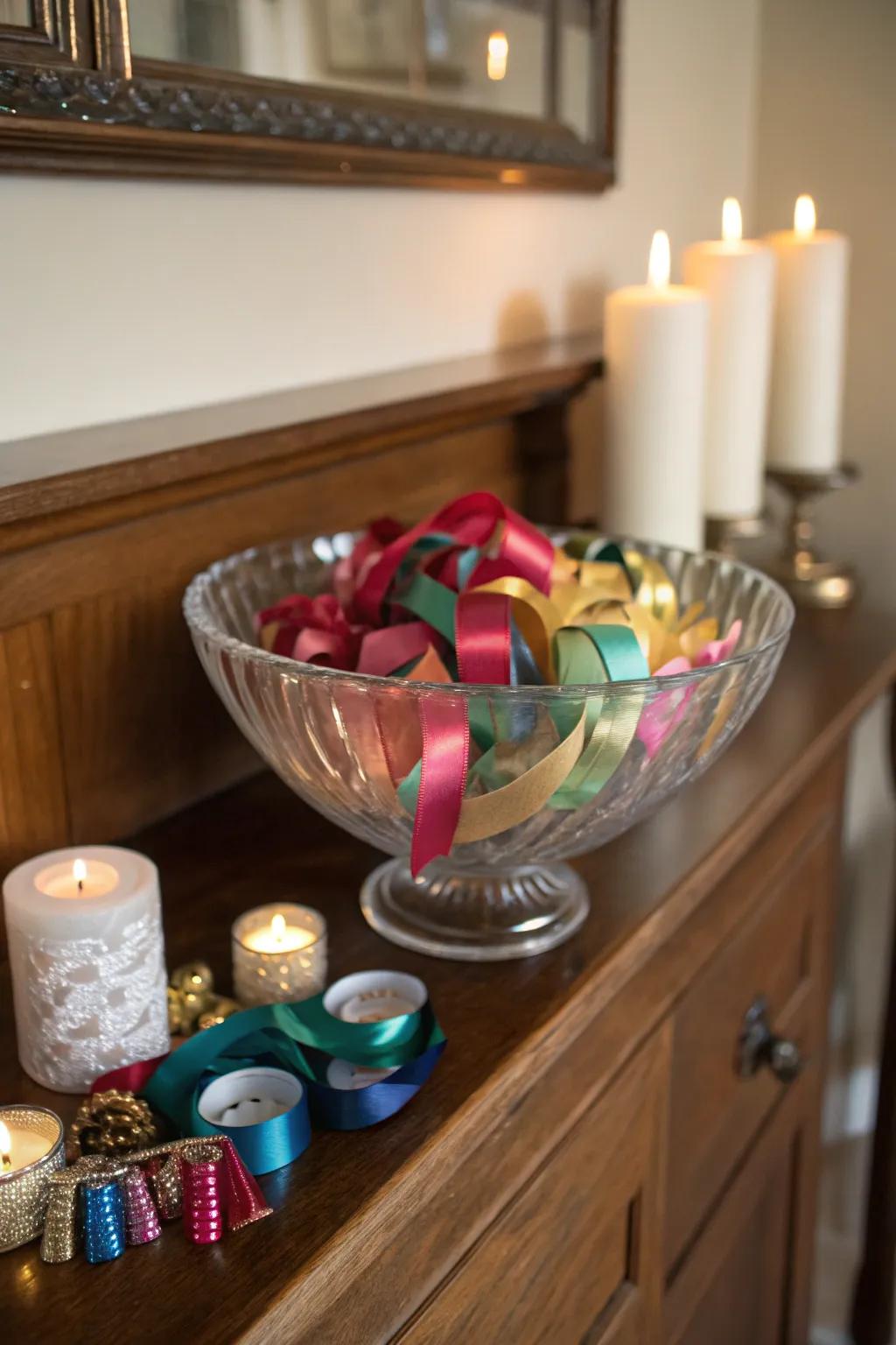 Artistic elegance with decorative ribbons in a glass bowl.