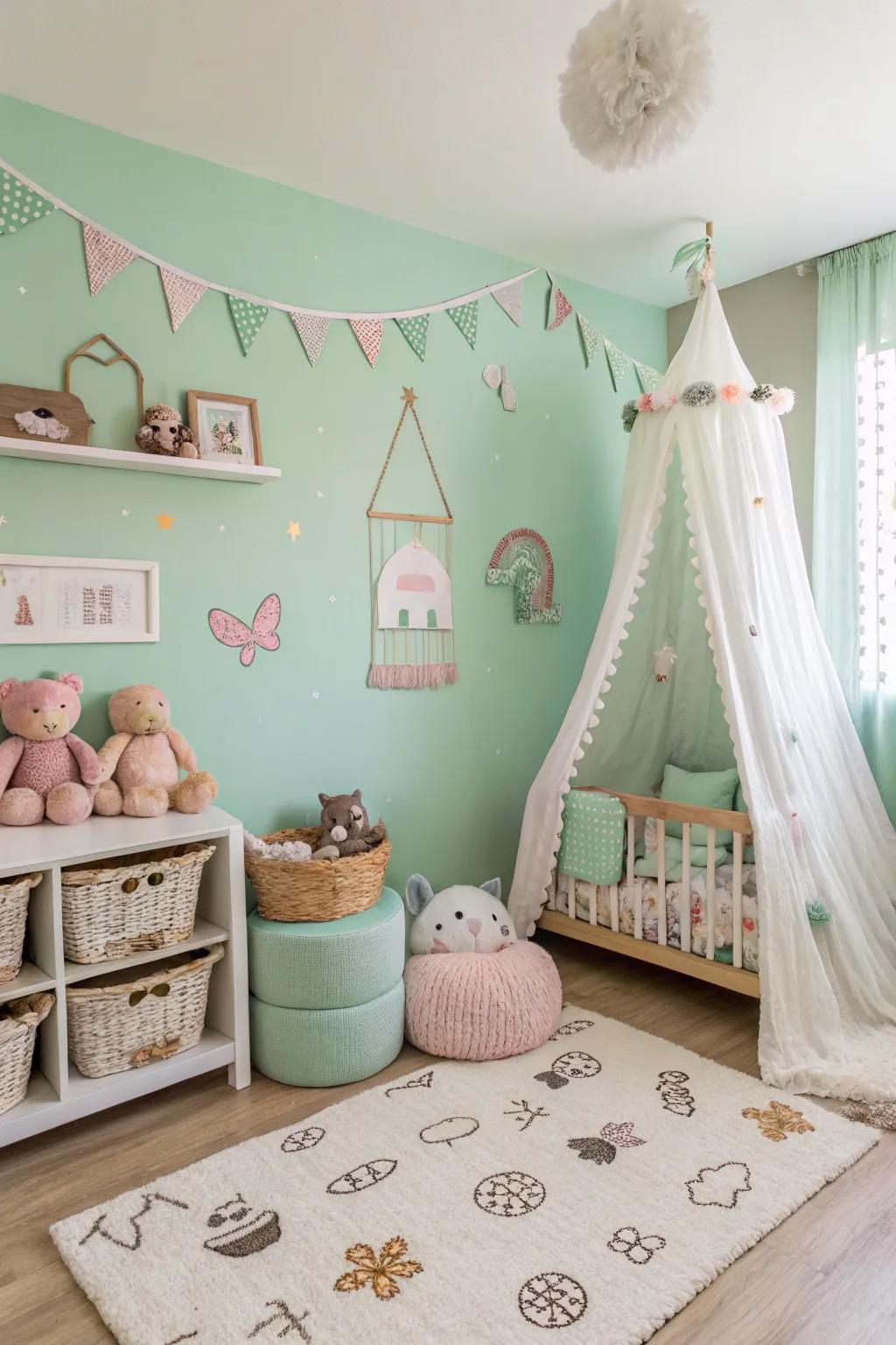 Light mint green walls add whimsy to this charming nursery.
