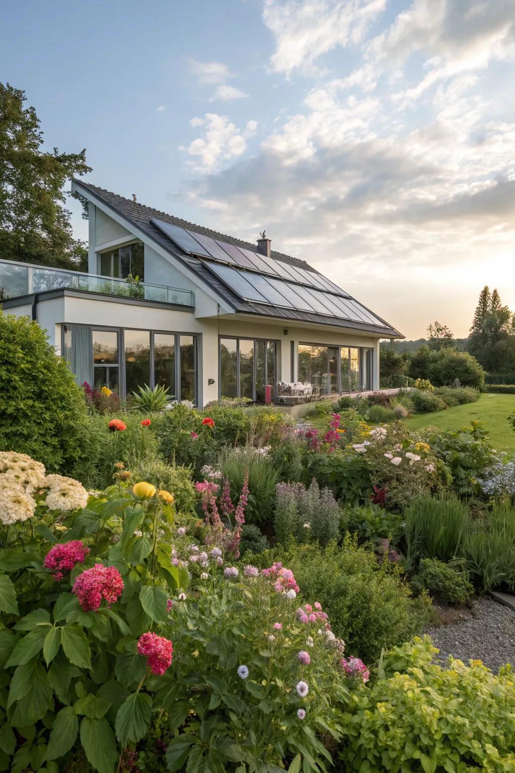 A house equipped with energy-saving solar panels.