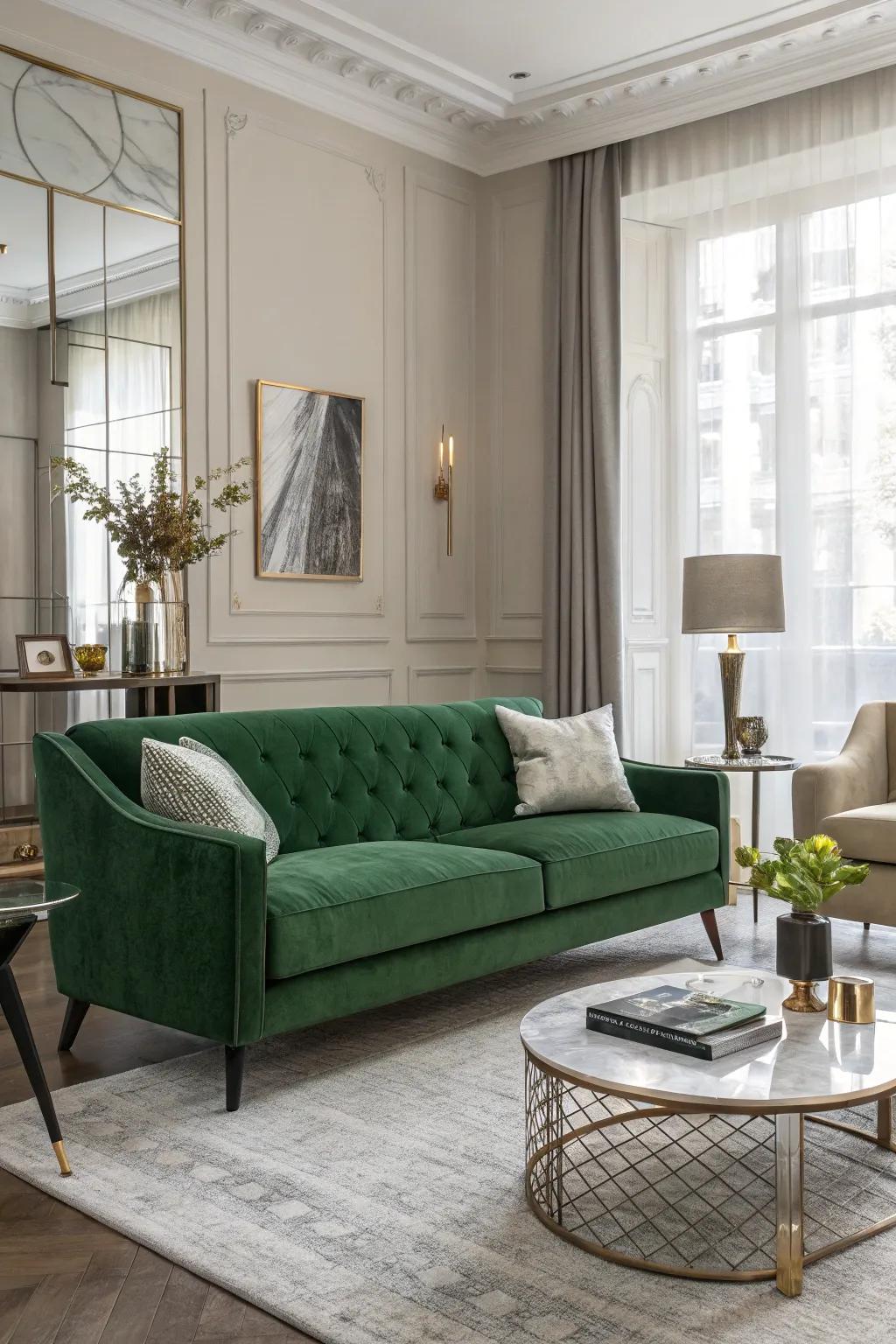 A chic living room with a green velvet couch and modern design.