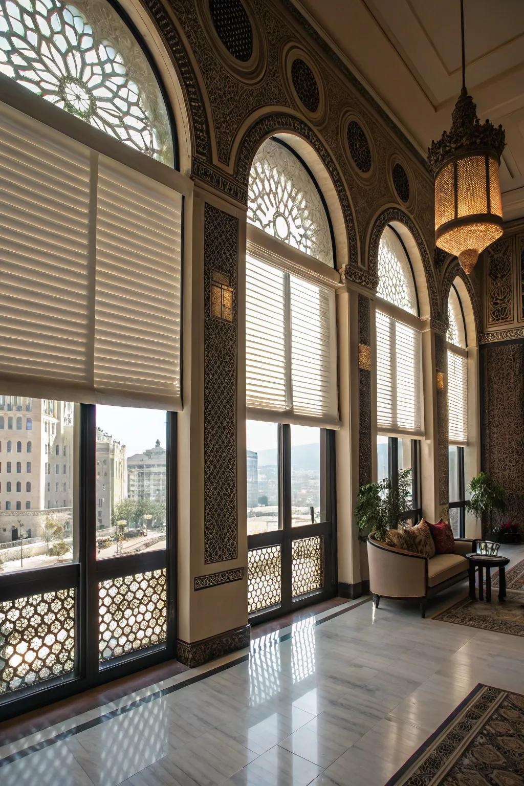 Chic room with arched windows and half blinds.