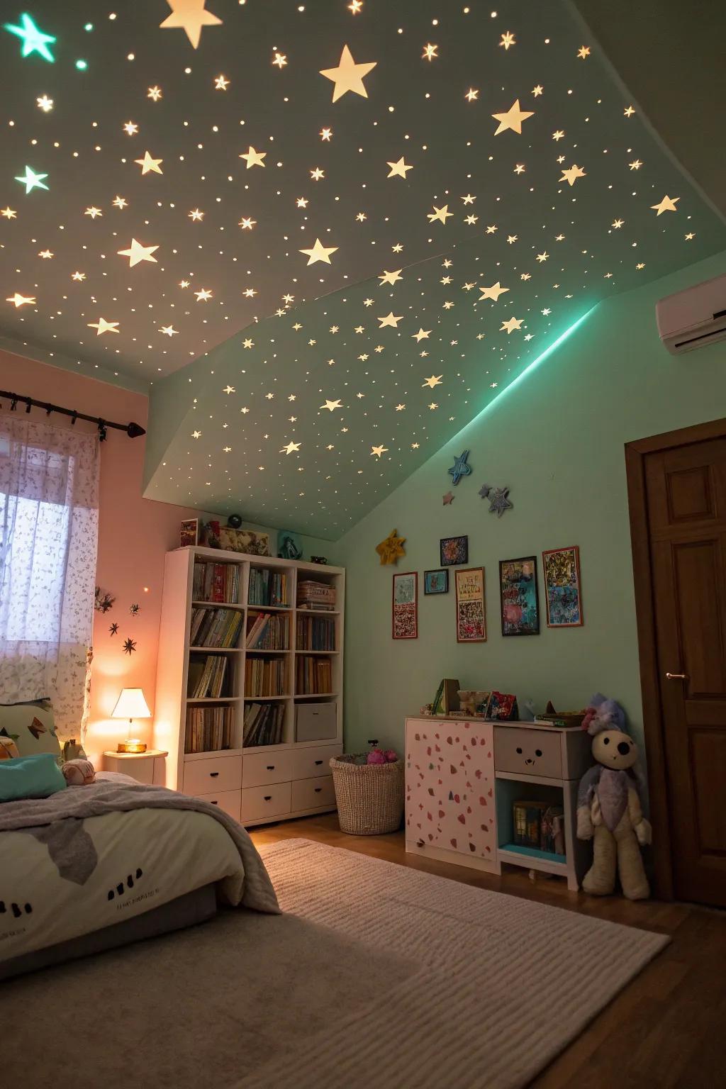 A cozy children's room with glow-in-the-dark paint creating a starry night effect on the ceiling.