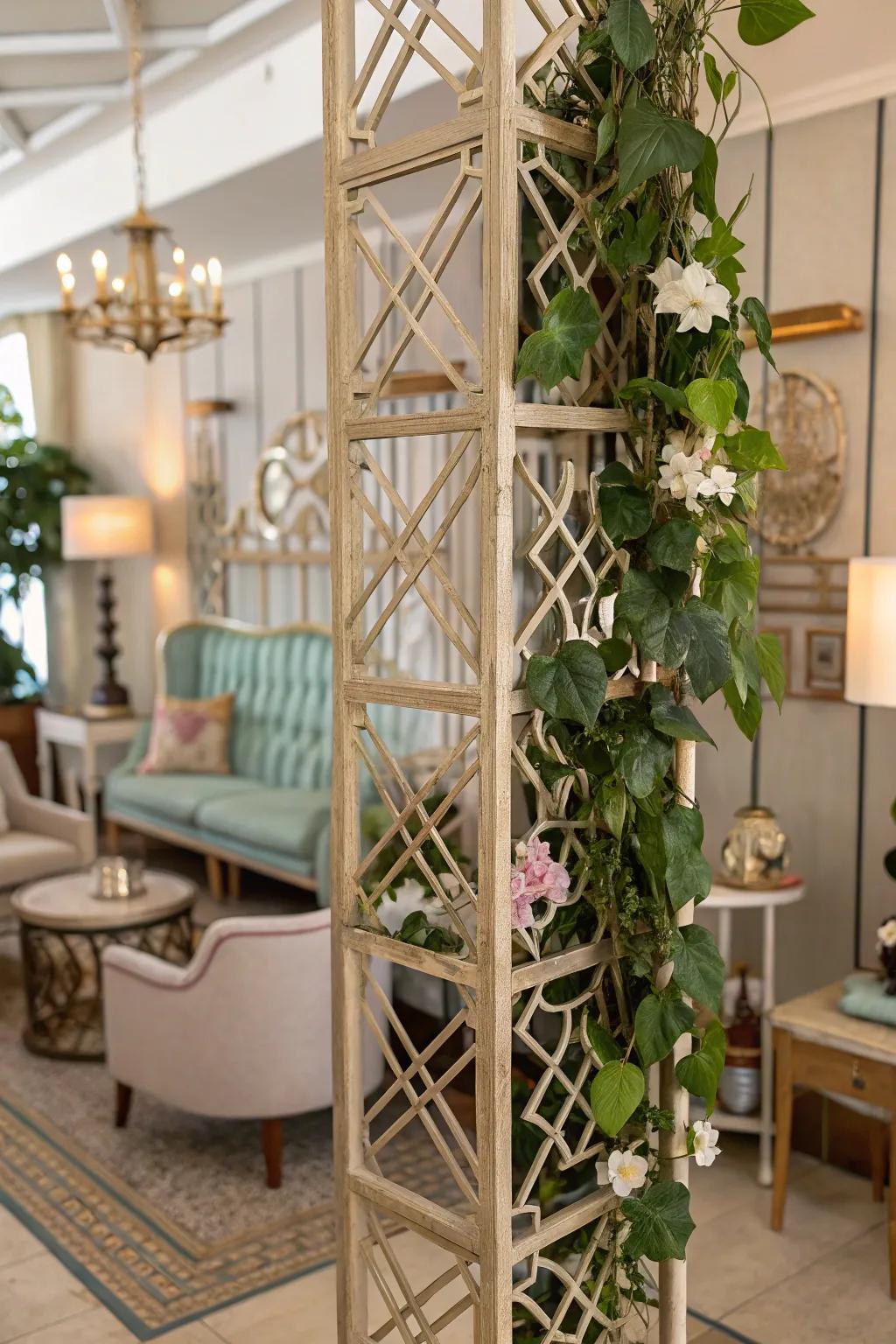 A vintage-themed room with a Hoya plant on an Art Deco-inspired trellis.