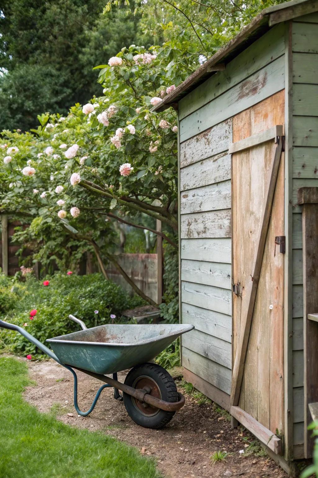 Wall-mounting a wheelbarrow is a smart way to save space.