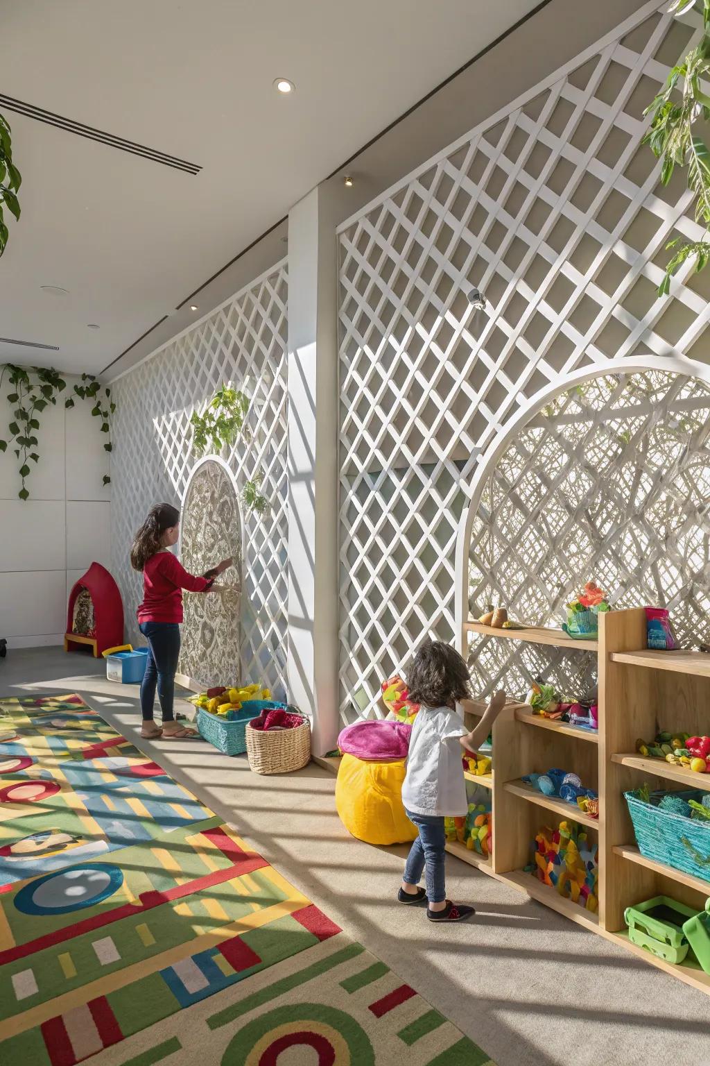 Whimsical lattice wall enhancing the playfulness of a children's playroom.