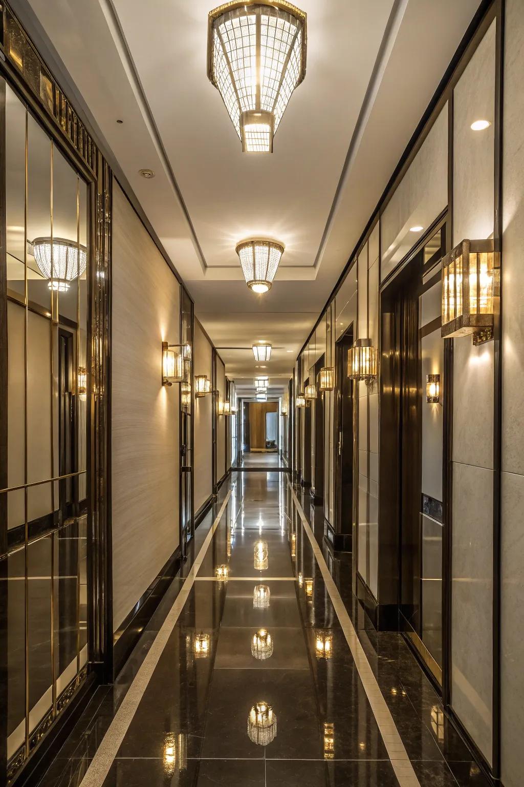 Mirrored light fixtures adding glamour and enhancing space in a hallway.