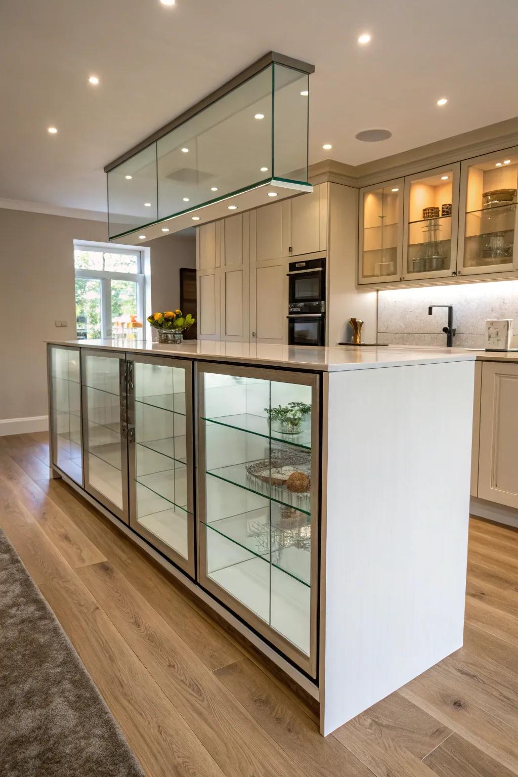 Glass panels offer a sleek and modern aesthetic for your kitchen island.