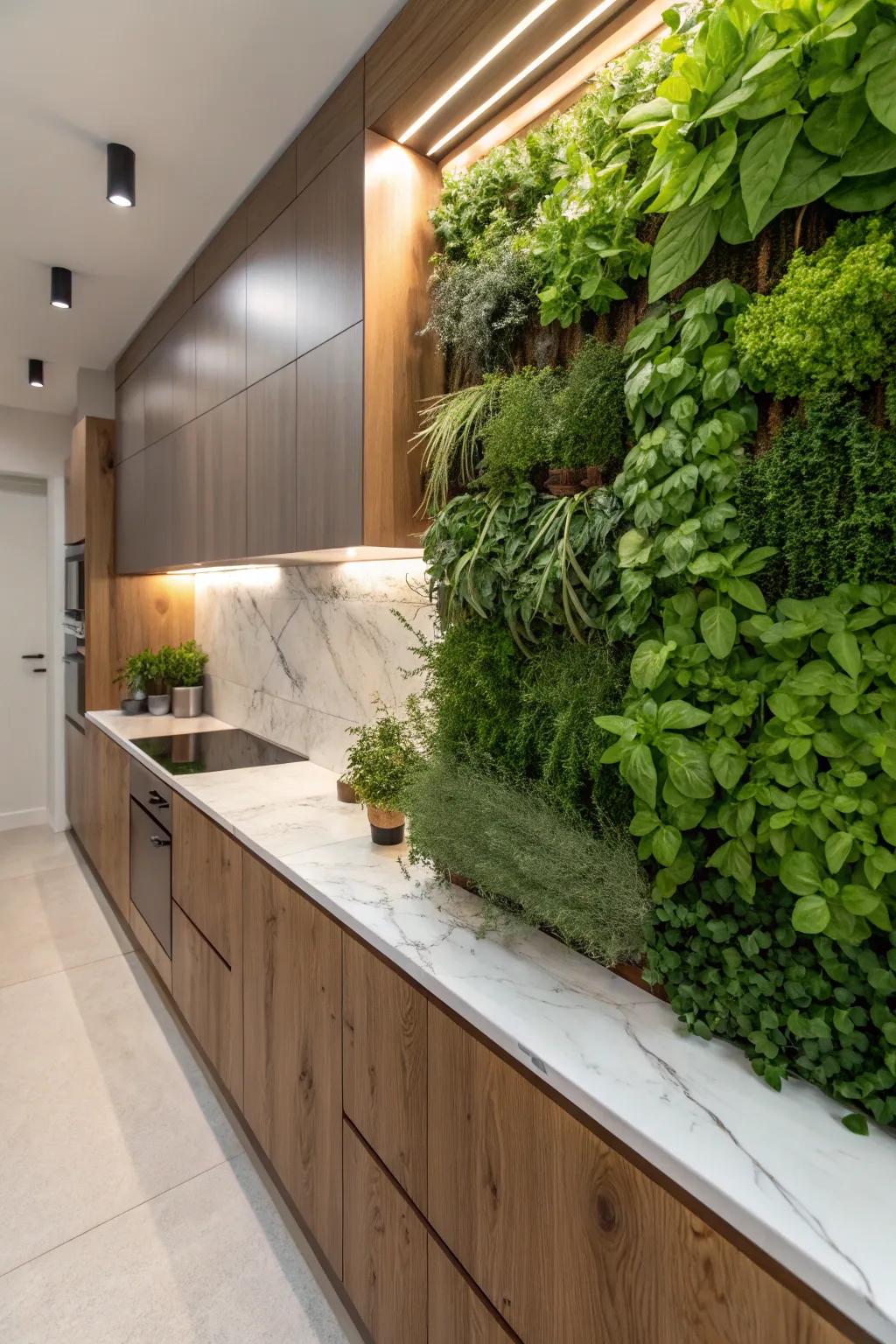 A kitchen showcasing a living herb wall, adding freshness and utility.