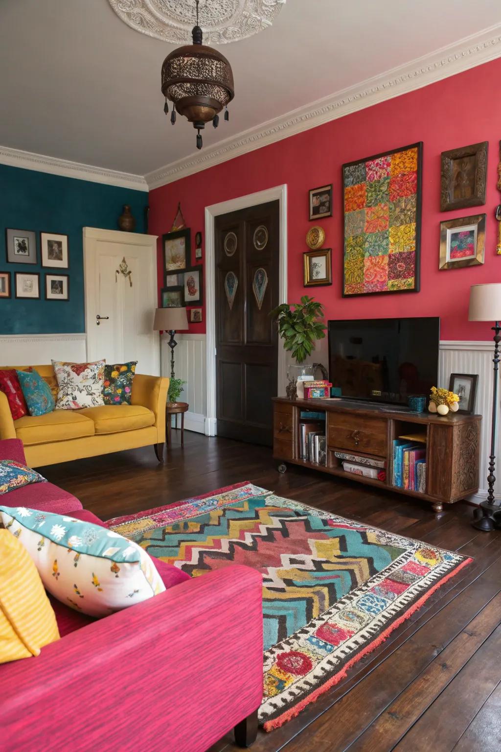 Funky colors add a playful touch to dark wood floors.