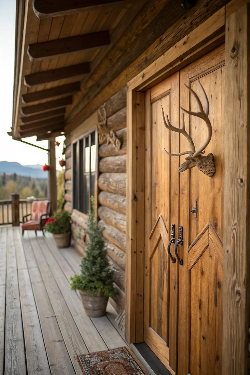 A log cabin door featuring distinctive antler handles.