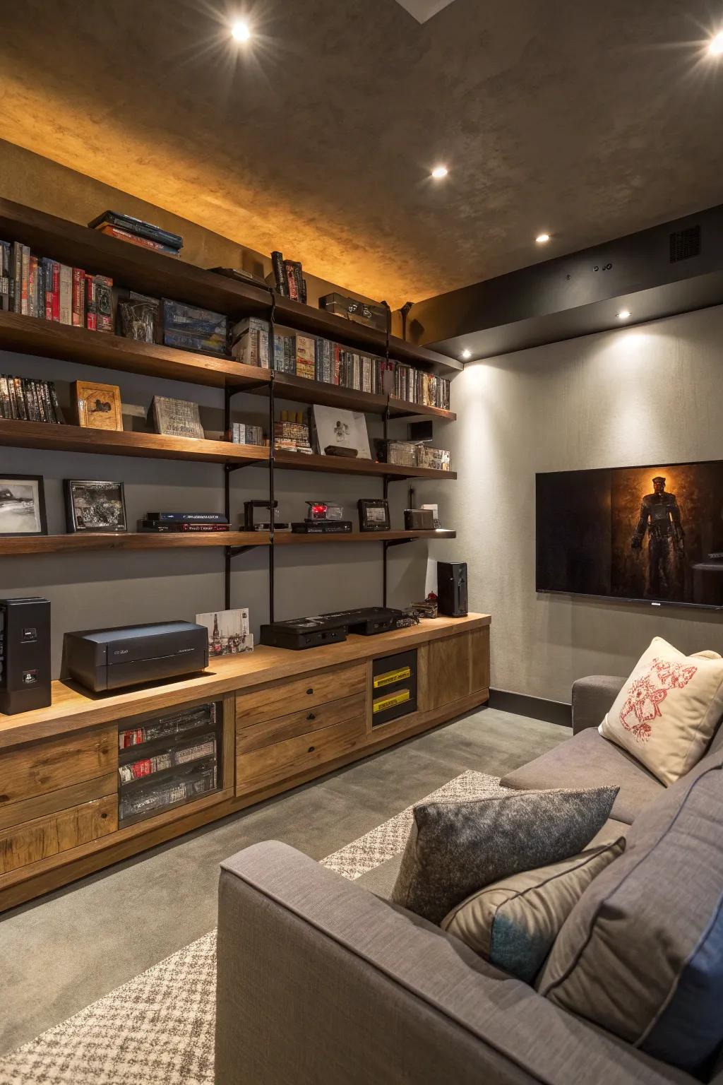 Innovative storage solutions keep the man cave organized.
