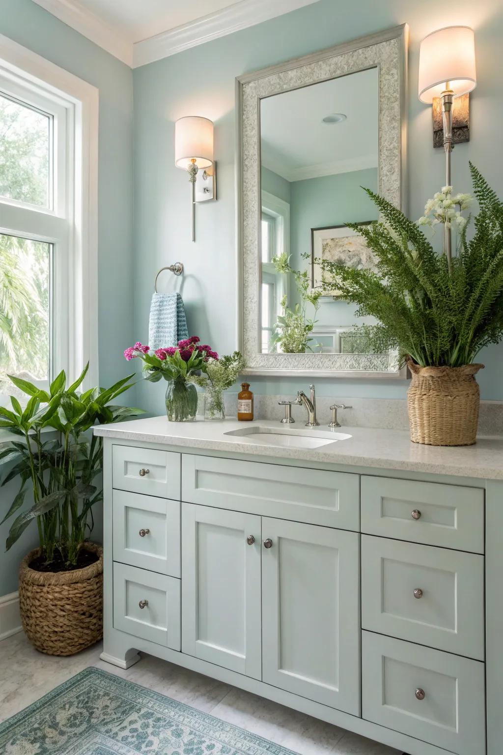 A serene bathroom vanity area featuring calming colors and natural elements.