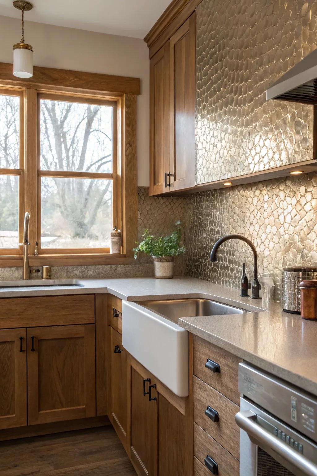 A kitchen showcasing a timeless hammered metal backsplash.