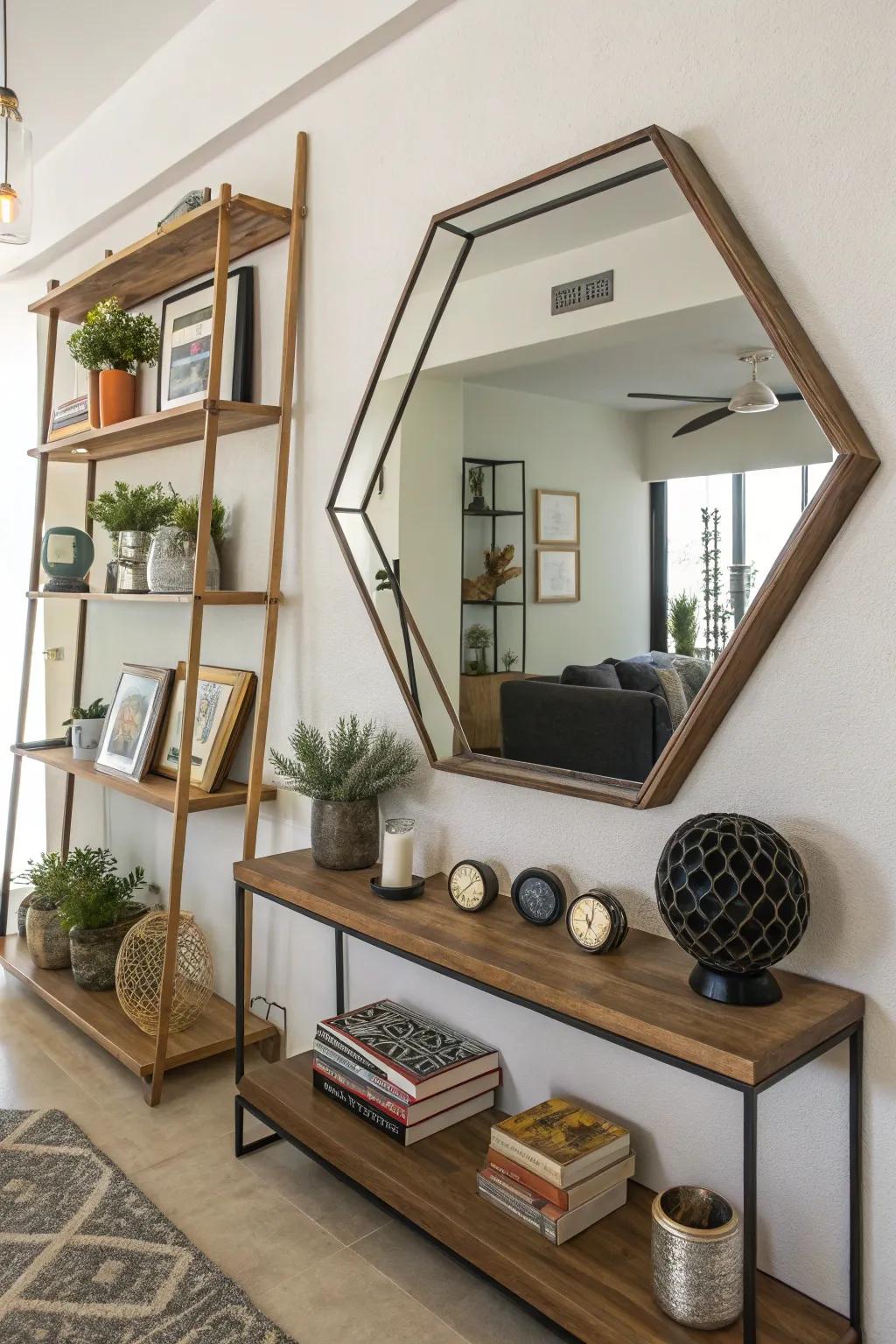 A geometric mirror with an asymmetrical shelf for a modern twist.