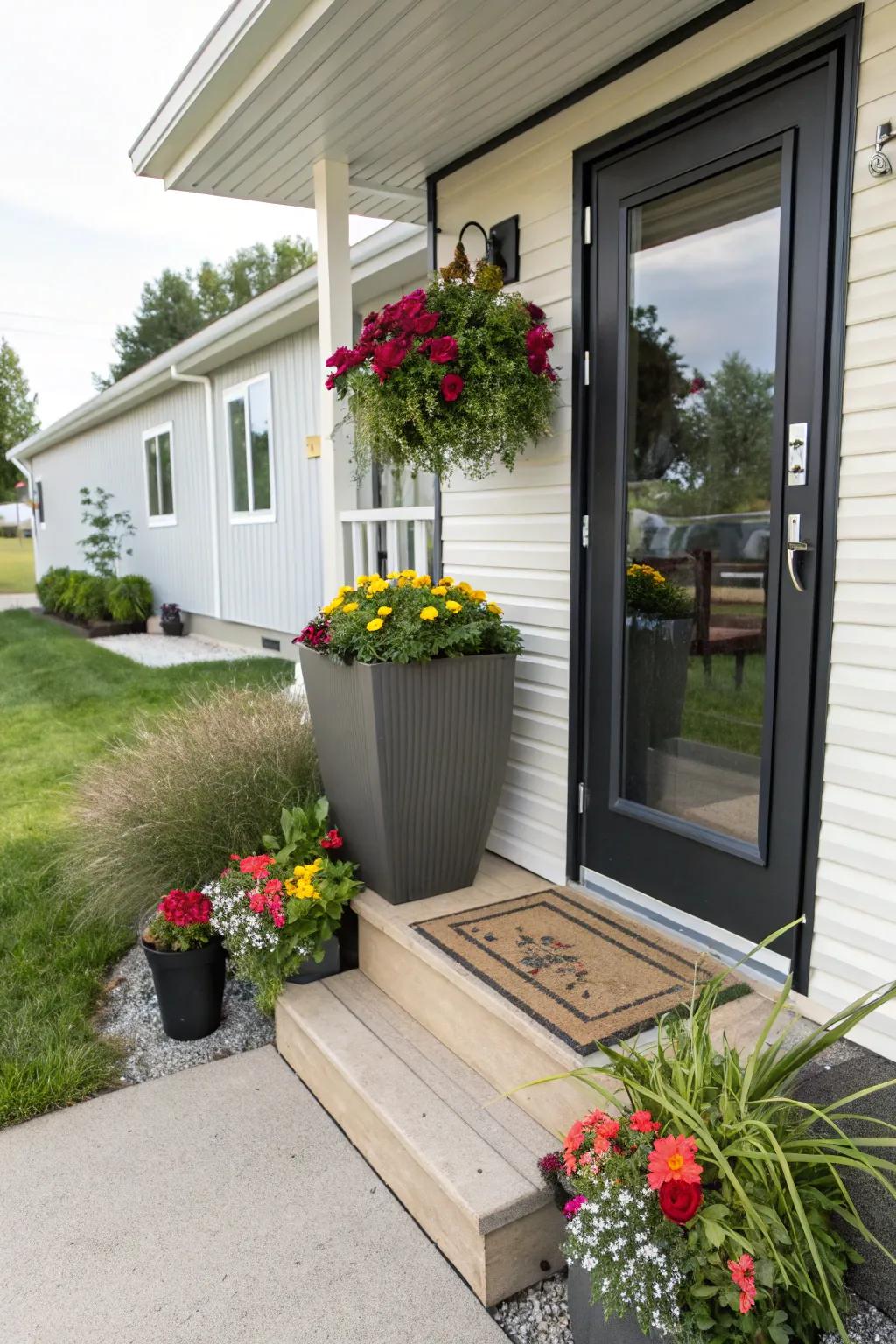 A beautifully decorated entrance with planters and a stylish door, making a welcoming first impression.