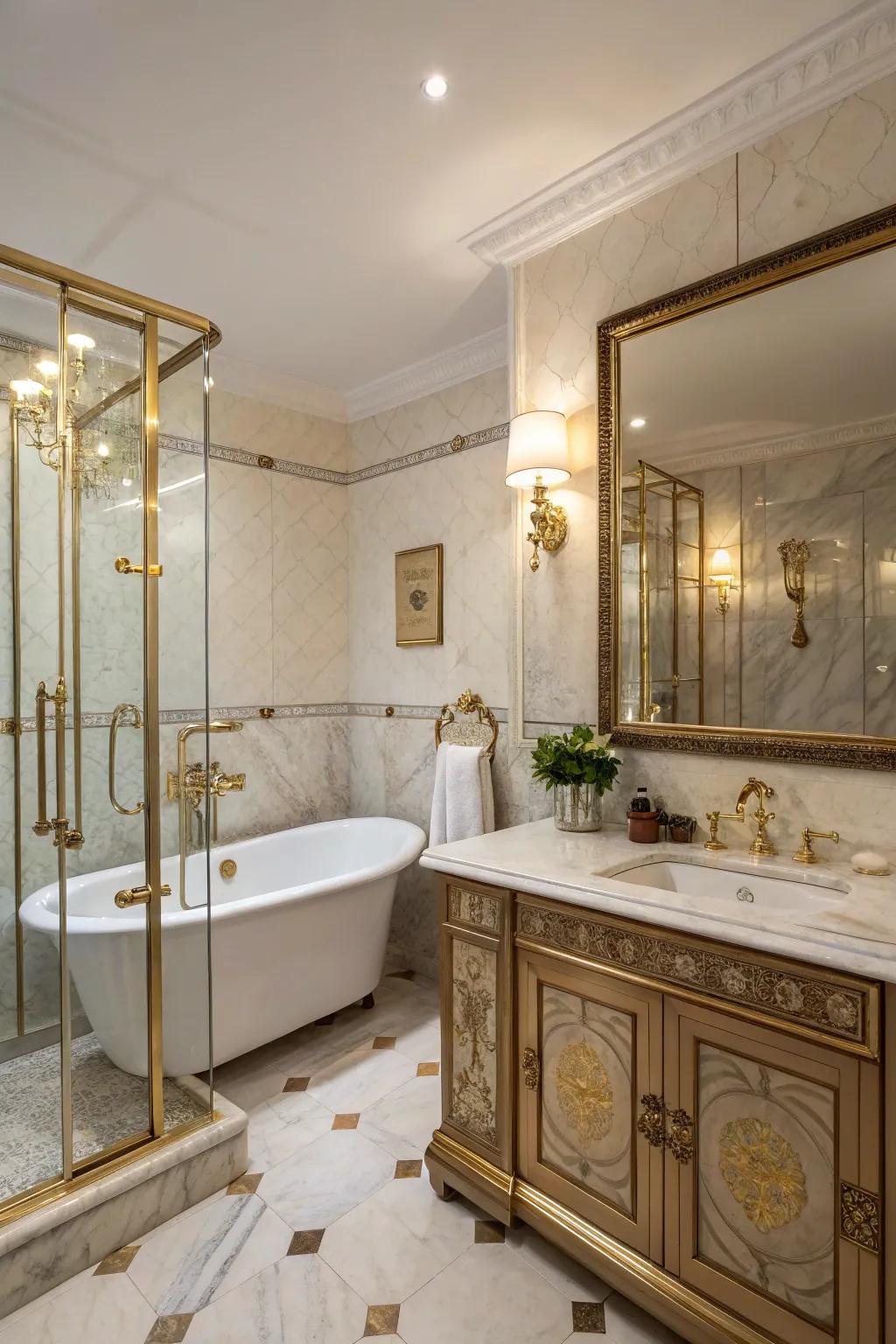 Brass accents bring a touch of glamour to this cozy bathroom.