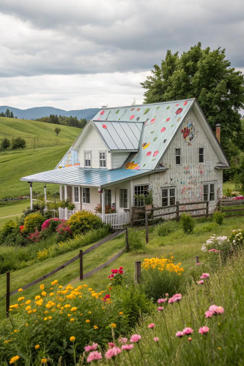 Dynamic creativity: A farmhouse with a playful patterned metal roof.
