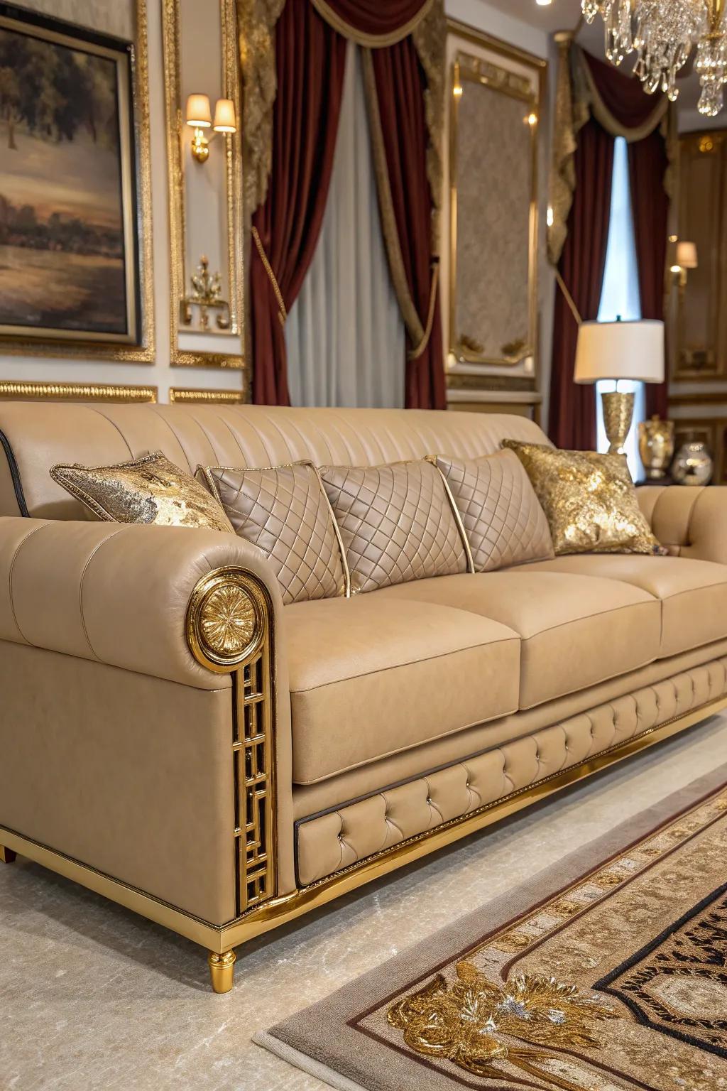 Metallic accents bring glamour to a living room with a tan leather sofa.