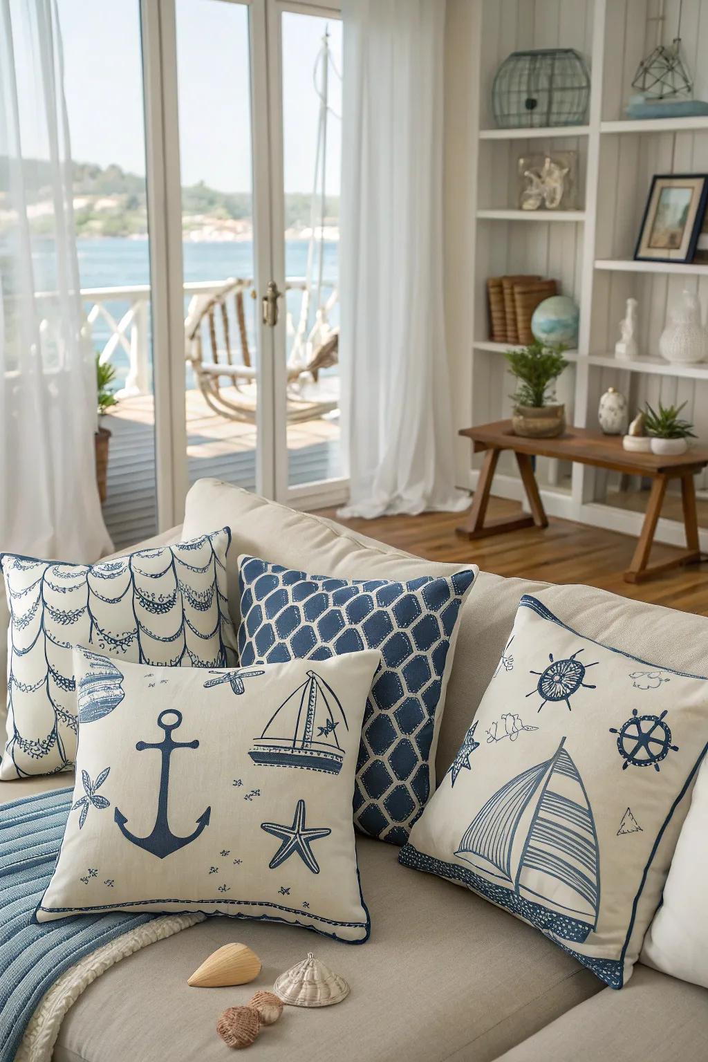 Nautical throw pillows add comfort and style to any seating area.