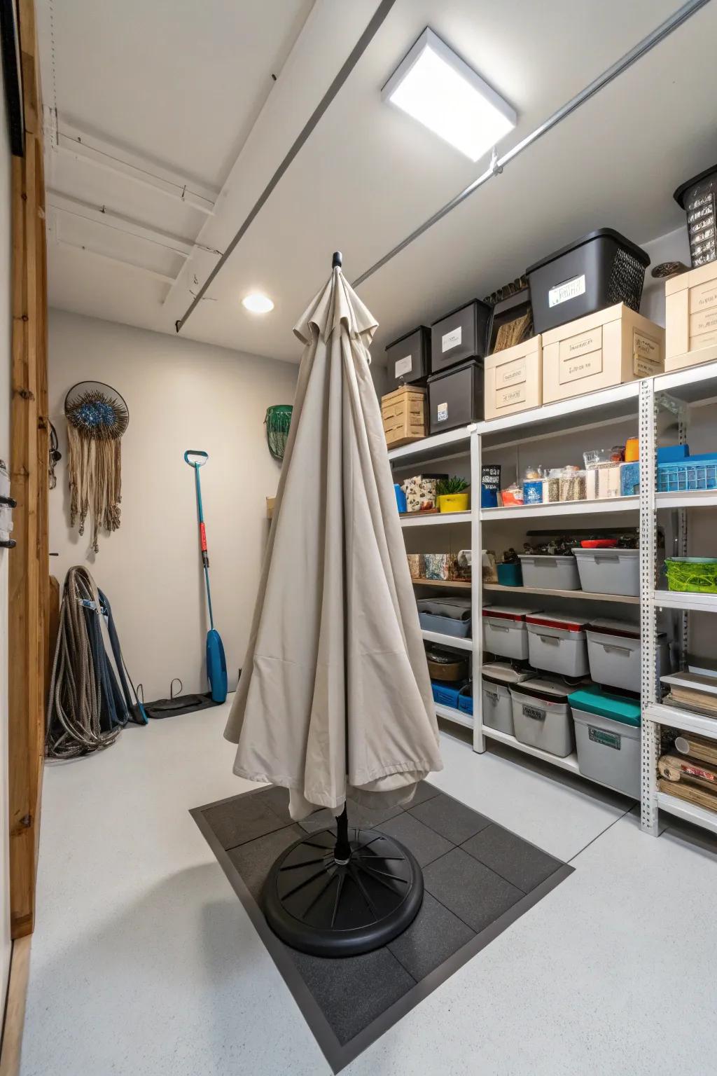 Basement storage with a cover for umbrella protection.