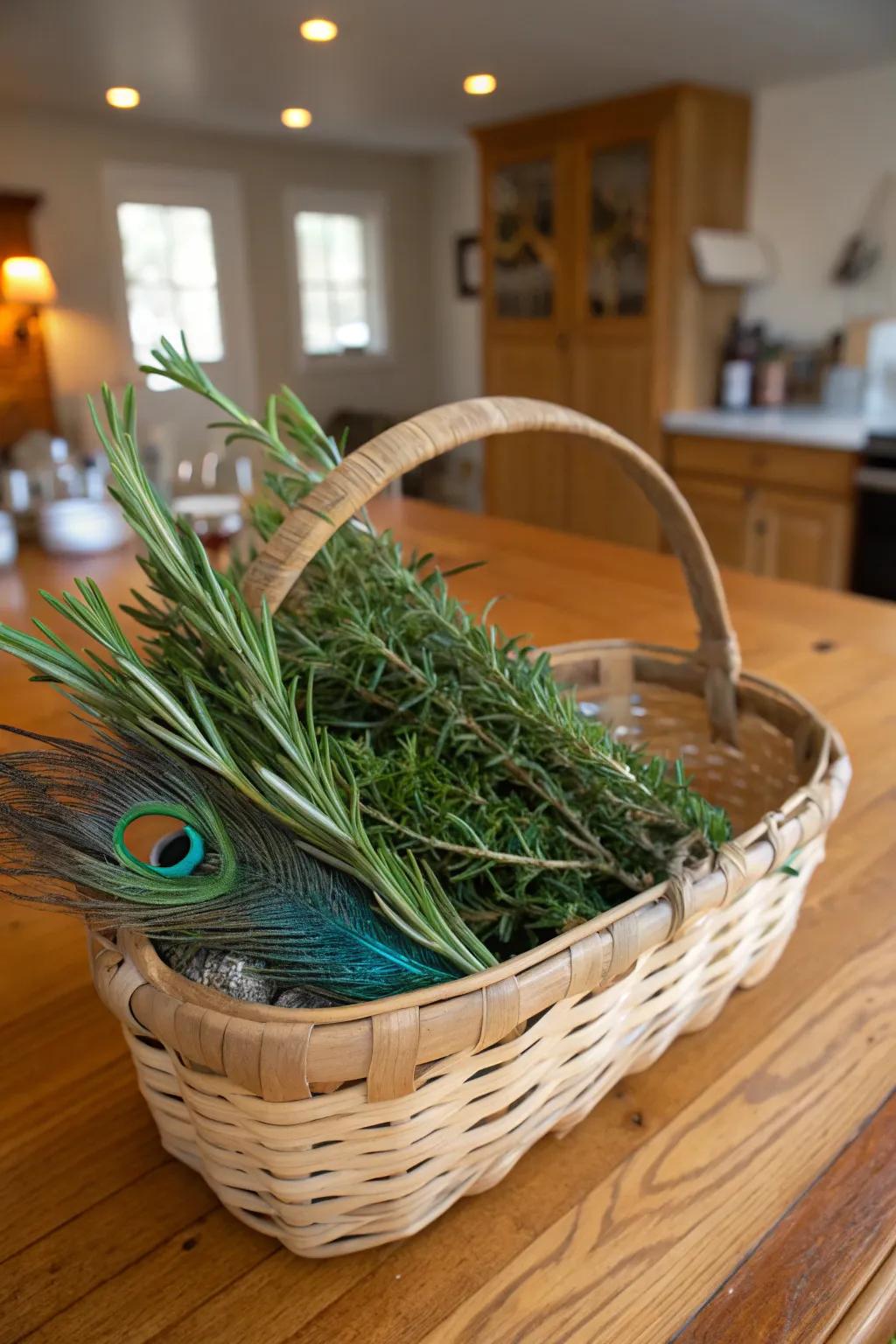 A sensory centerpiece with herbs and peacock feathers.